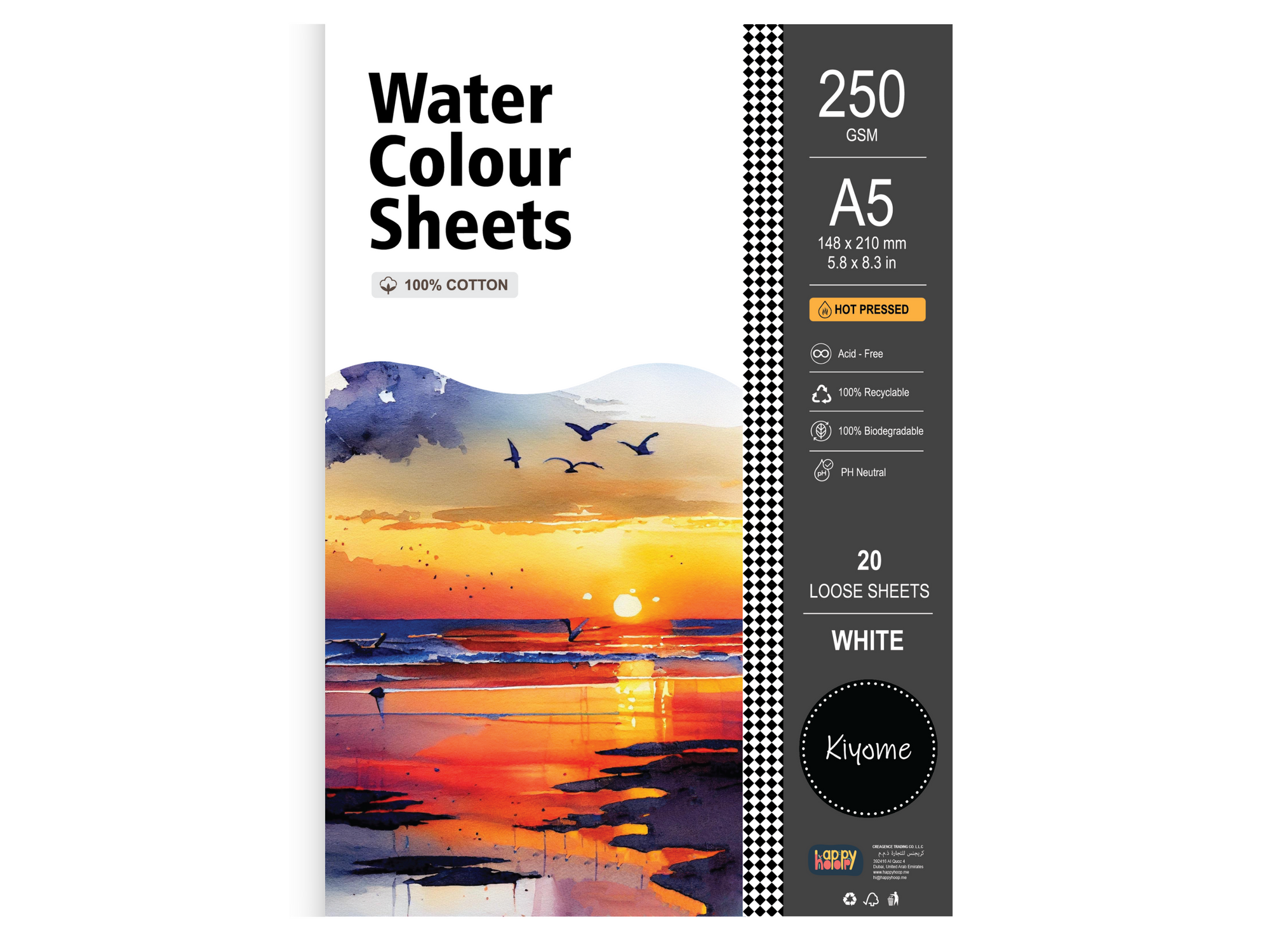 Kiyome 100% Cotton Watercolour Sheets | Hot Pressed | 250 GSM | A5 | 20 Sheets