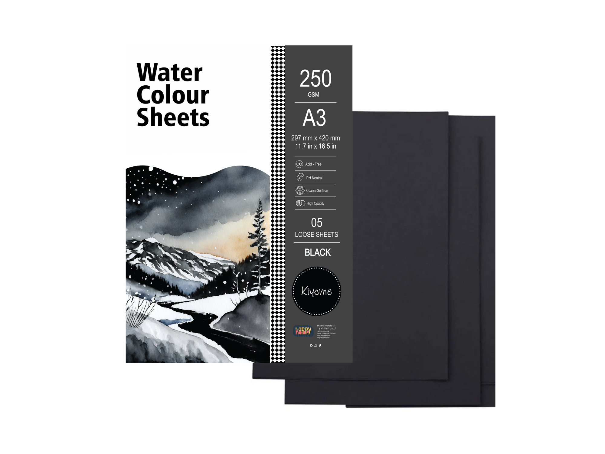 Kiyome Watercolour Sheets Black | 250 GSM | A3 | 5 Sheets