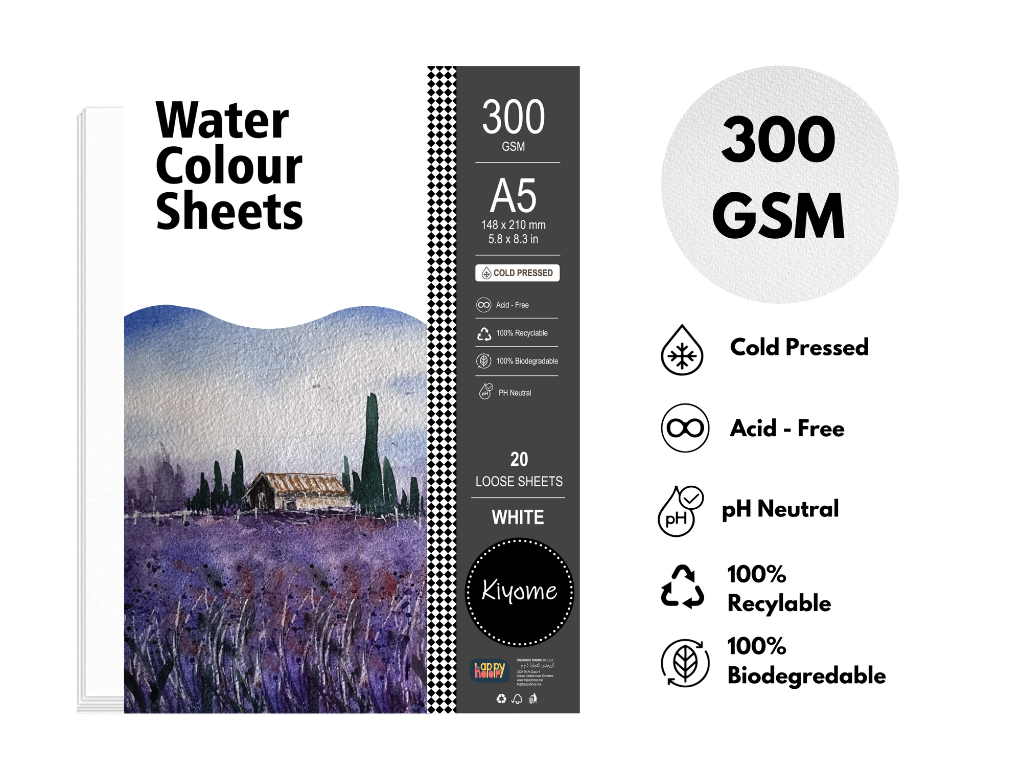 Kiyome Watercolour Sheets | Cold Pressed | 300 GSM | A5 | 20 Sheets