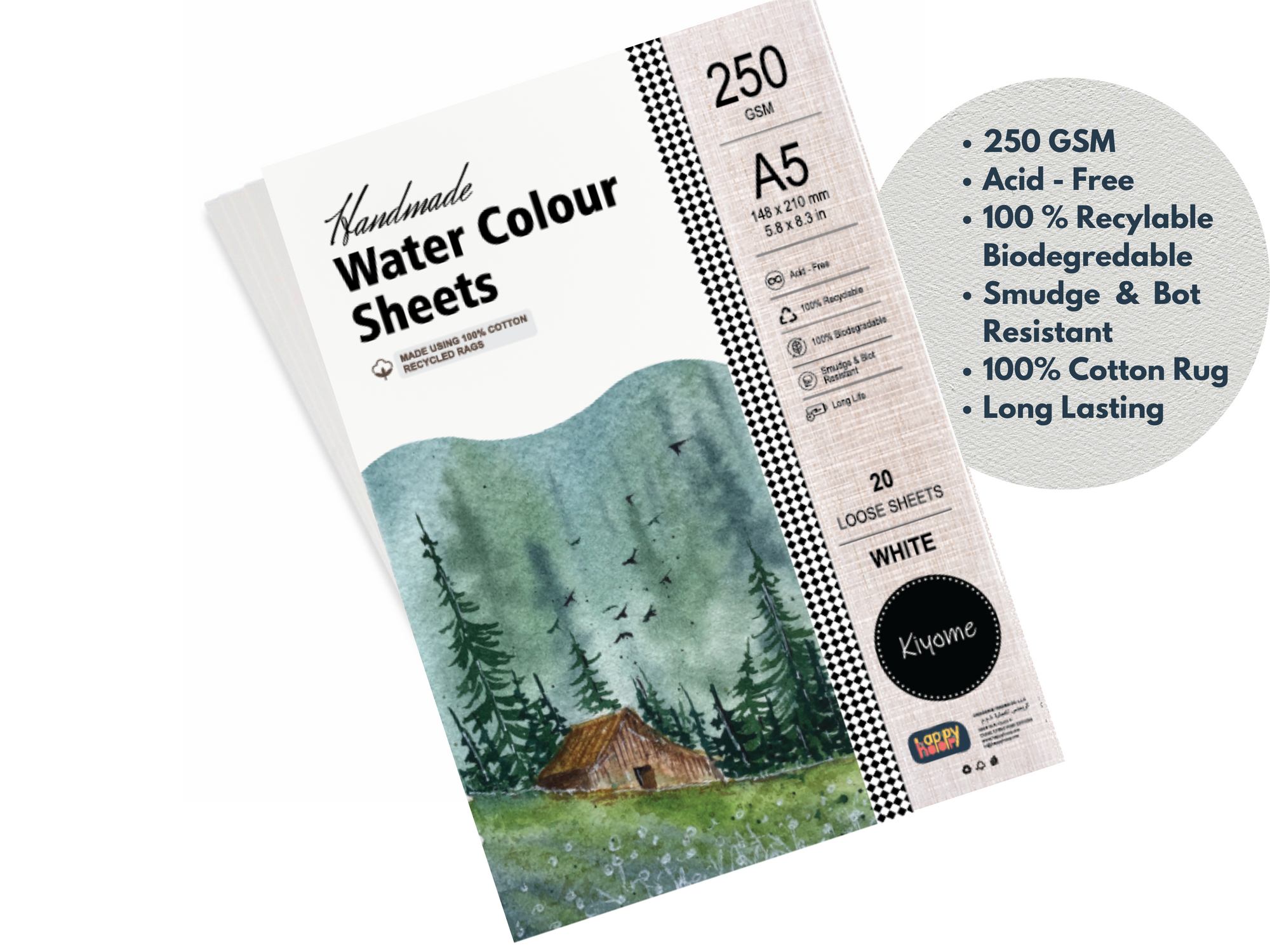 Kiyome Handmade Watercolour Loose Sheets | Cold Pressed | 250 GSM | A5 | 20 Sheets
