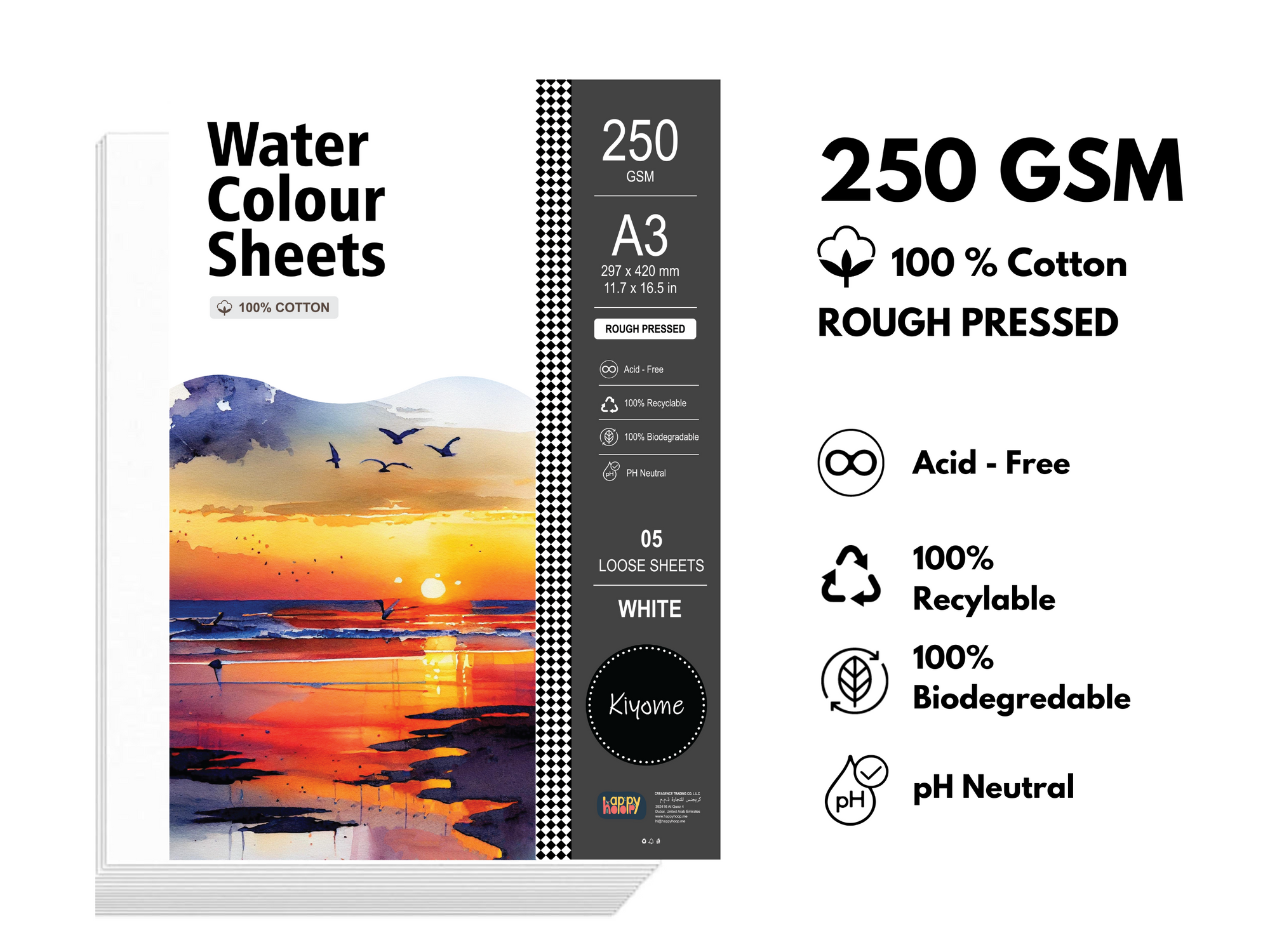 Kiyome 100% Cotton Watercolor Sheets | Rough Pressed | 250 GSM | A3 | 5 Sheets
