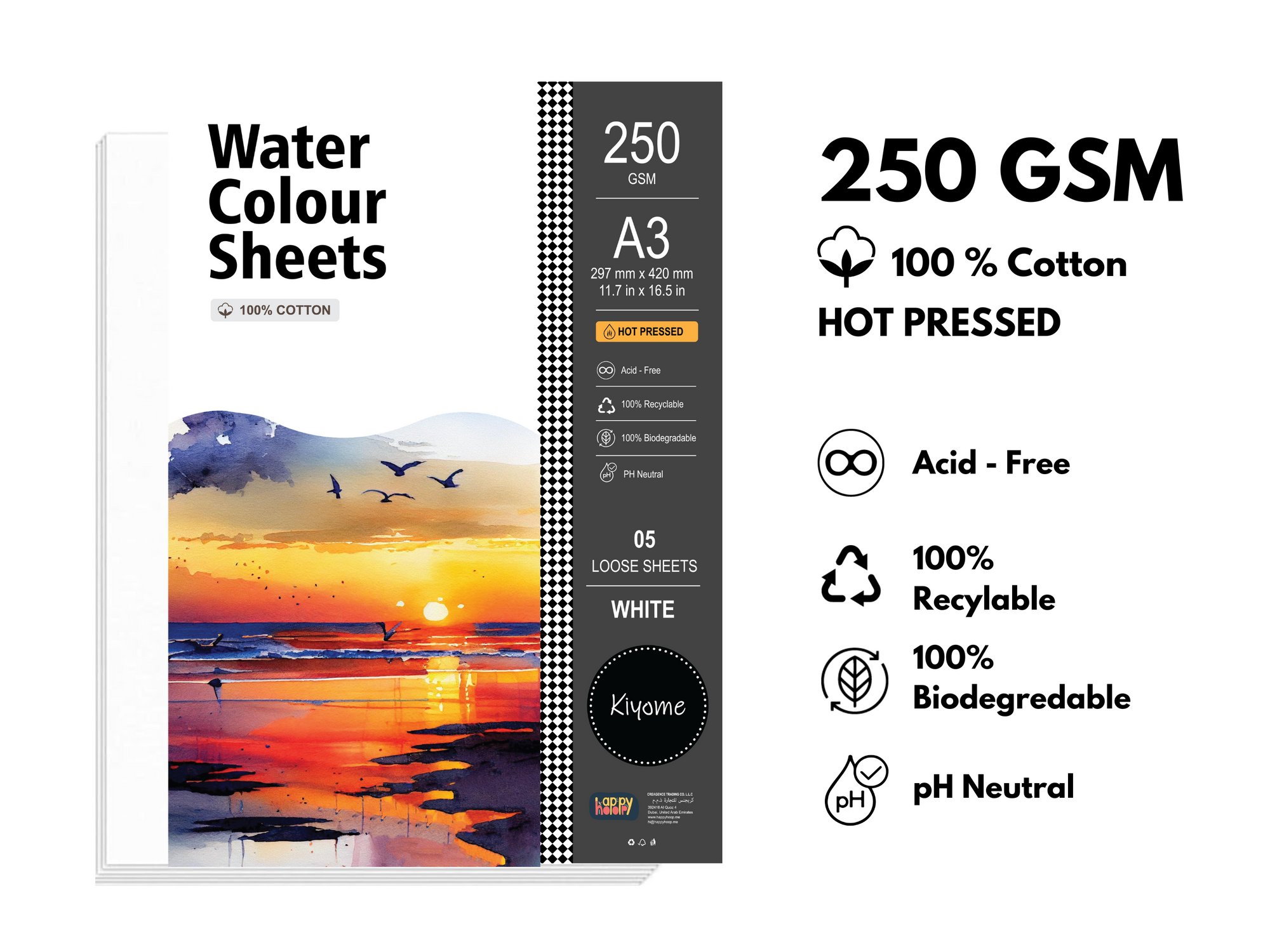 Kiyome 100% Cotton Watercolour Sheets | Hot Pressed | 250 GSM | A3 | 5 Sheets
