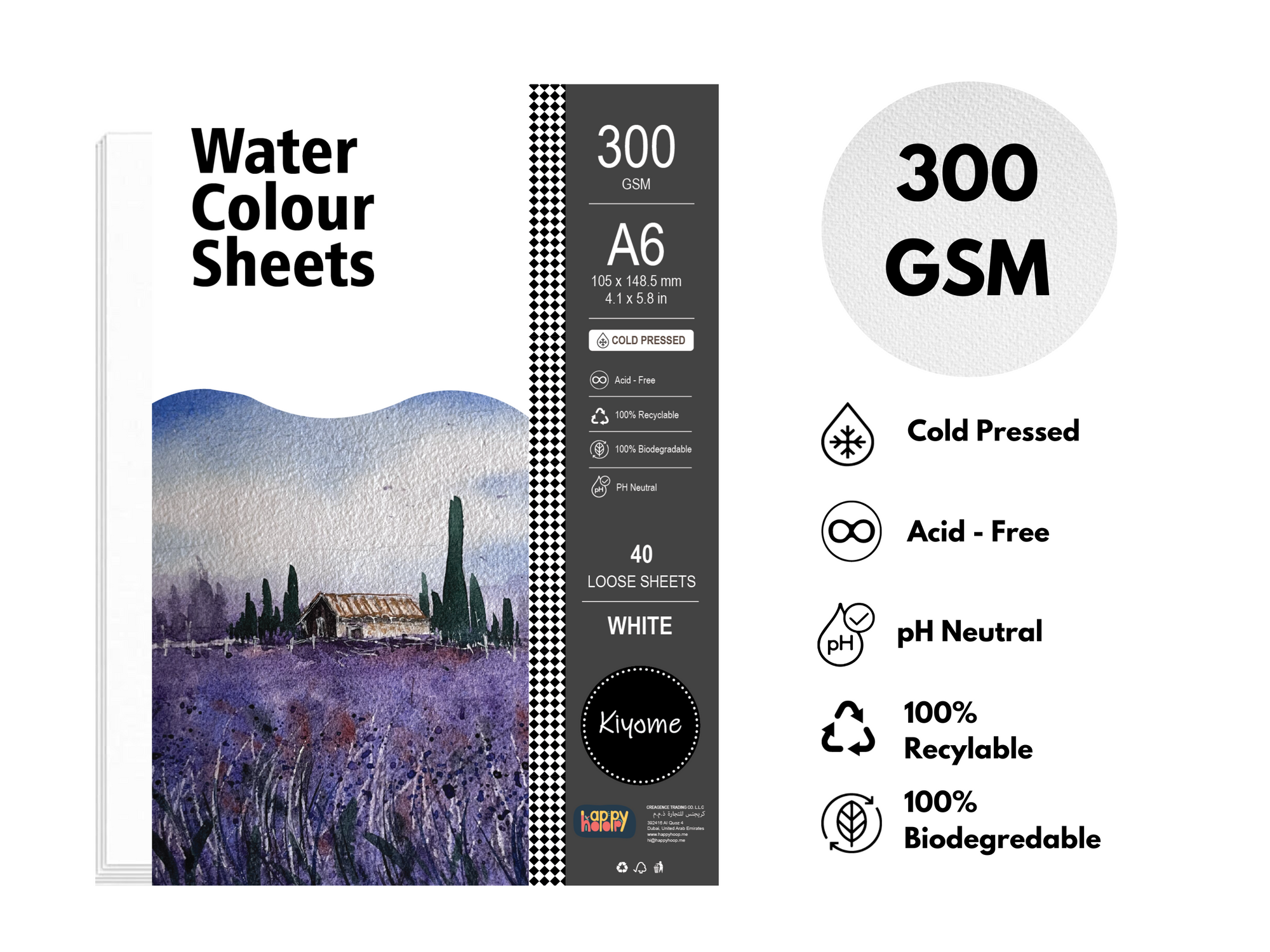 Kiyome Watercolour Sheets | Cold Pressed | 300 GSM | A6 | 40 Sheets