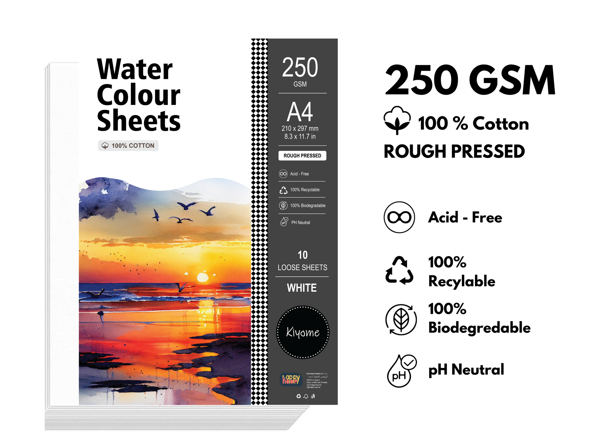 Kiyome 100% Cotton Watercolor Sheets | Rough Pressed | 250 GSM | A4 | 10 Sheets