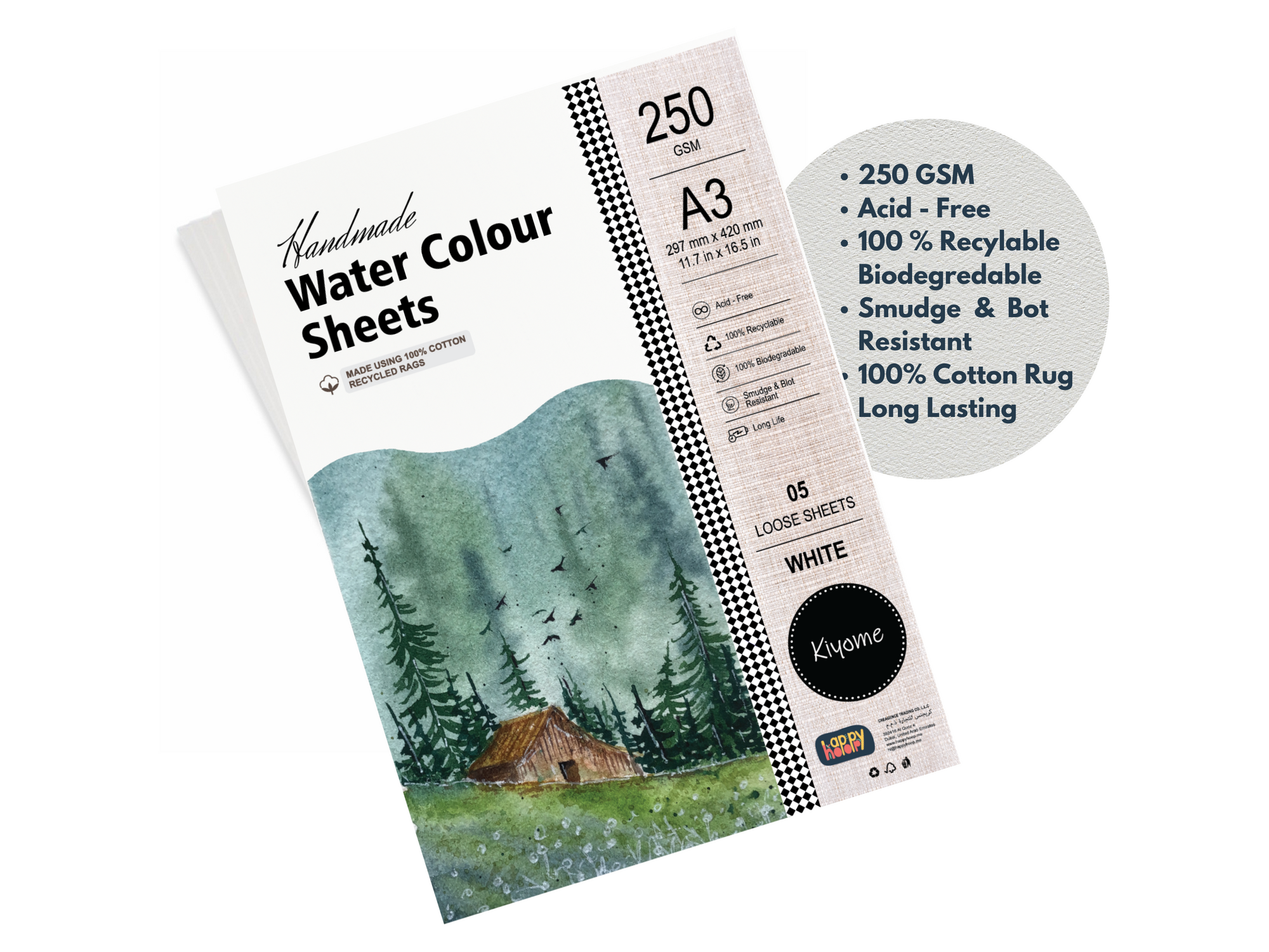 Kiyome Handmade Watercolour Loose Sheets | Cold Pressed | 250 GSM | A3 | 5 Sheets