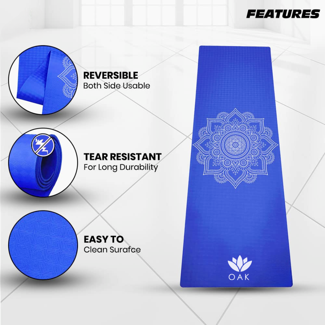 Oak Eco Friendly TPE Yoga Mat | Mandala | 72" x 24" | 6 mm | Non Slip | Blue