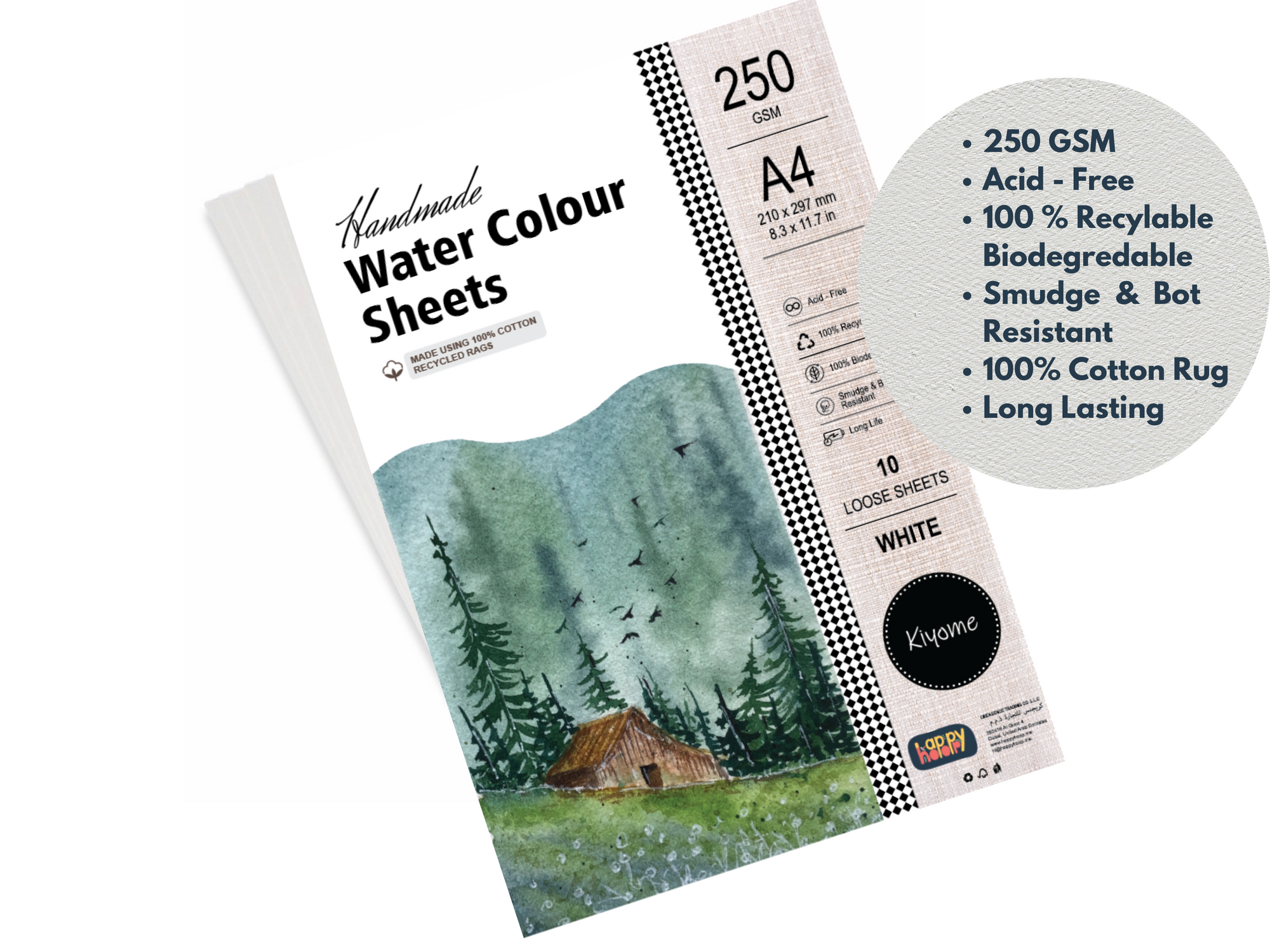 Kiyome Handmade Watercolour Loose Sheets | Cold Pressed | 250 GSM | A4 | 10 Sheets