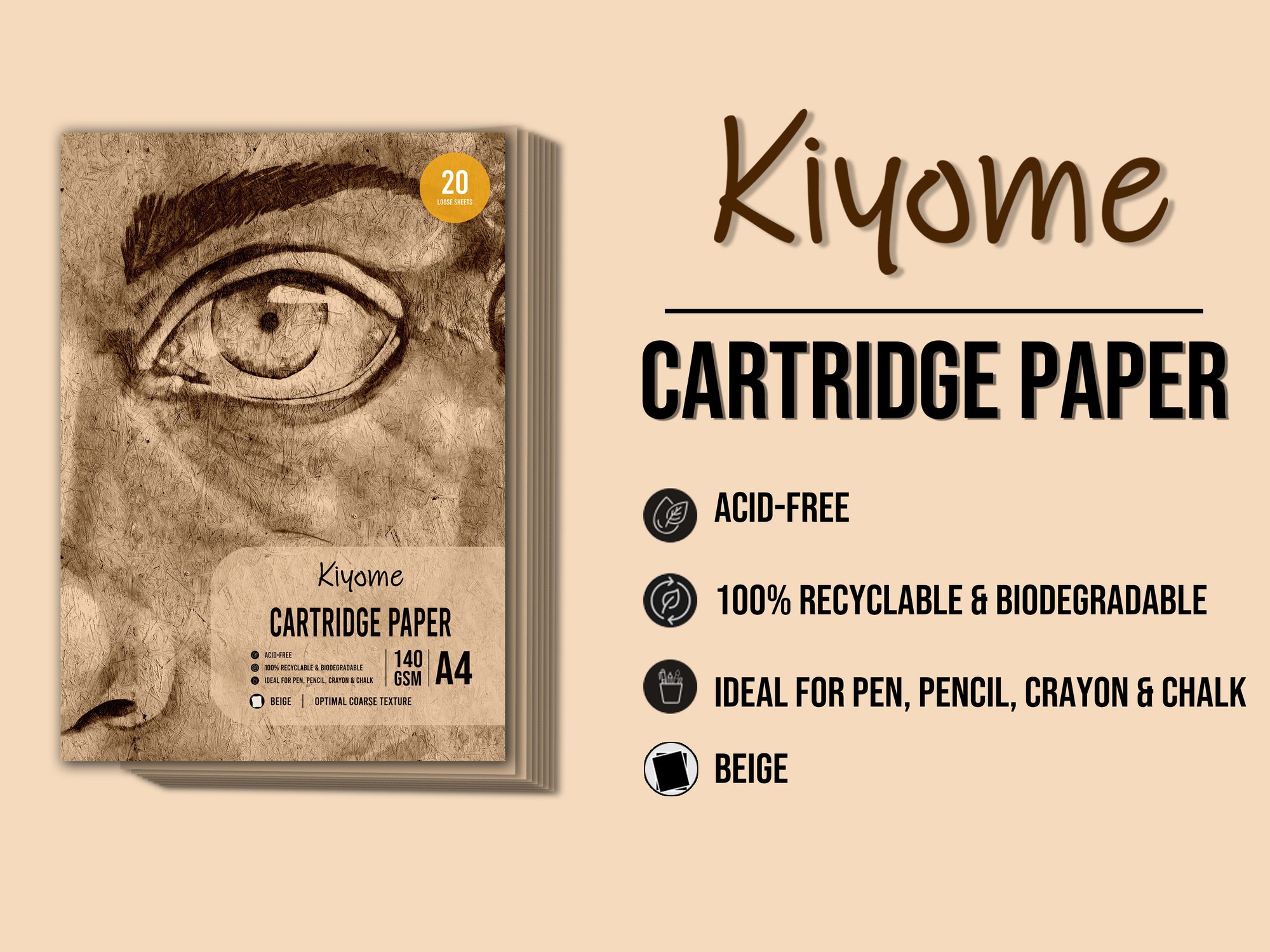 Kiyome Beige Cartridge Paper | 140 GSM | A4 | 20 Sheets
