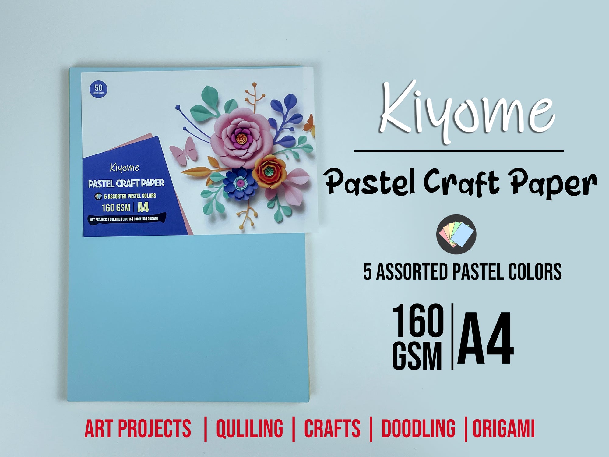 Kiyome Craft Paper | 160 GSM | A4 | Pastel Colours | 50 Sheets