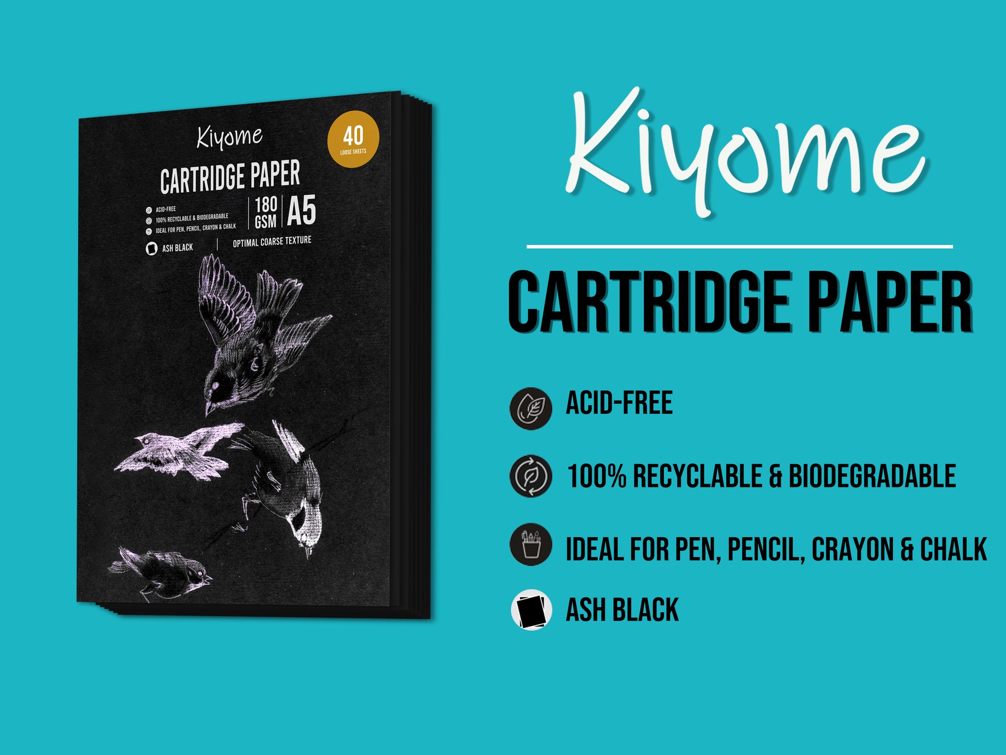Kiyome Ash Black Cartridge Paper | 180 GSM | A5 | 40 Sheets