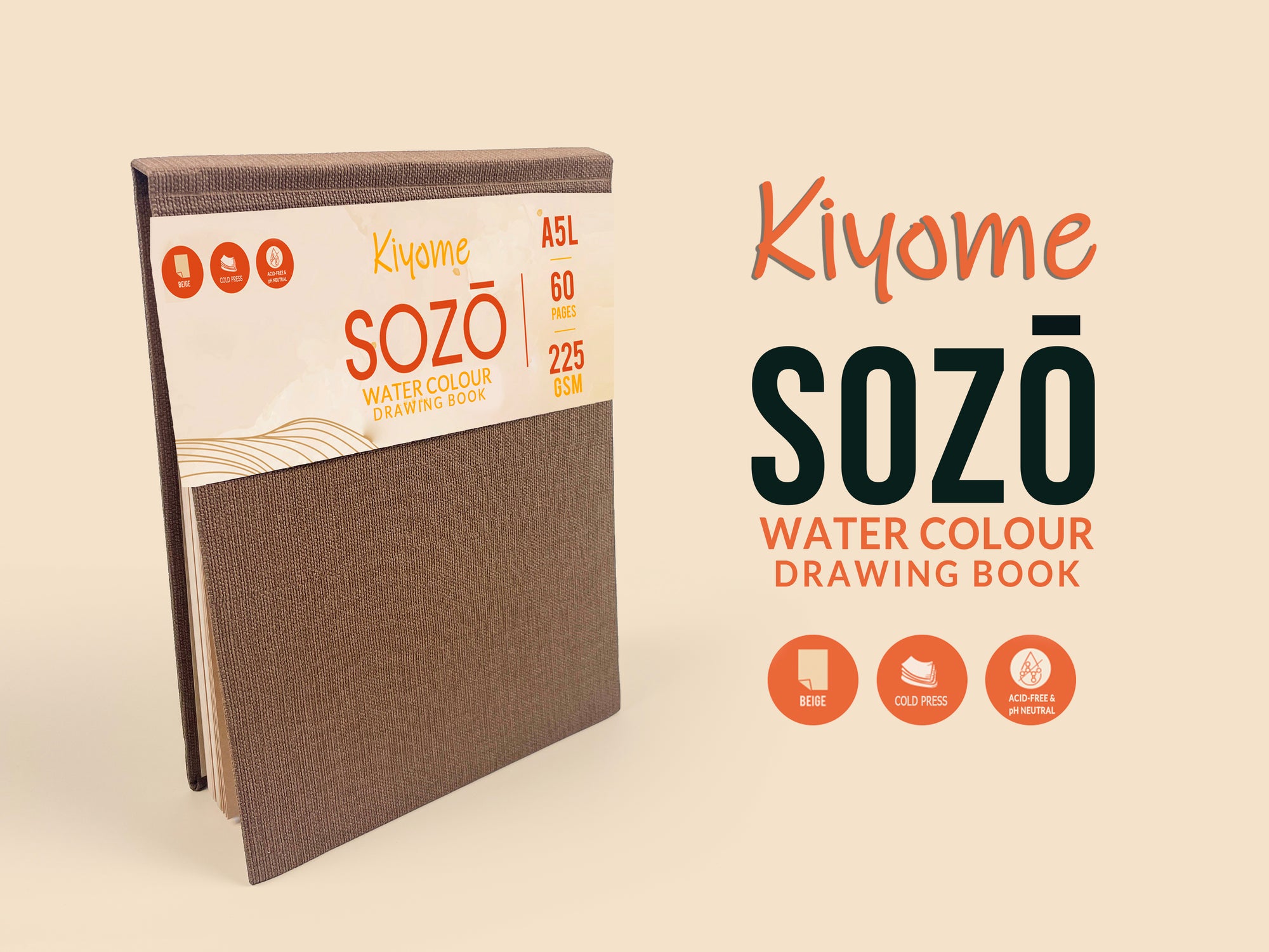 Kiyome SOZO Beige Toned Sketchbook | Canvas Textured Cover | 225 GSM | A5 | 60 Pages | 60 Sheets