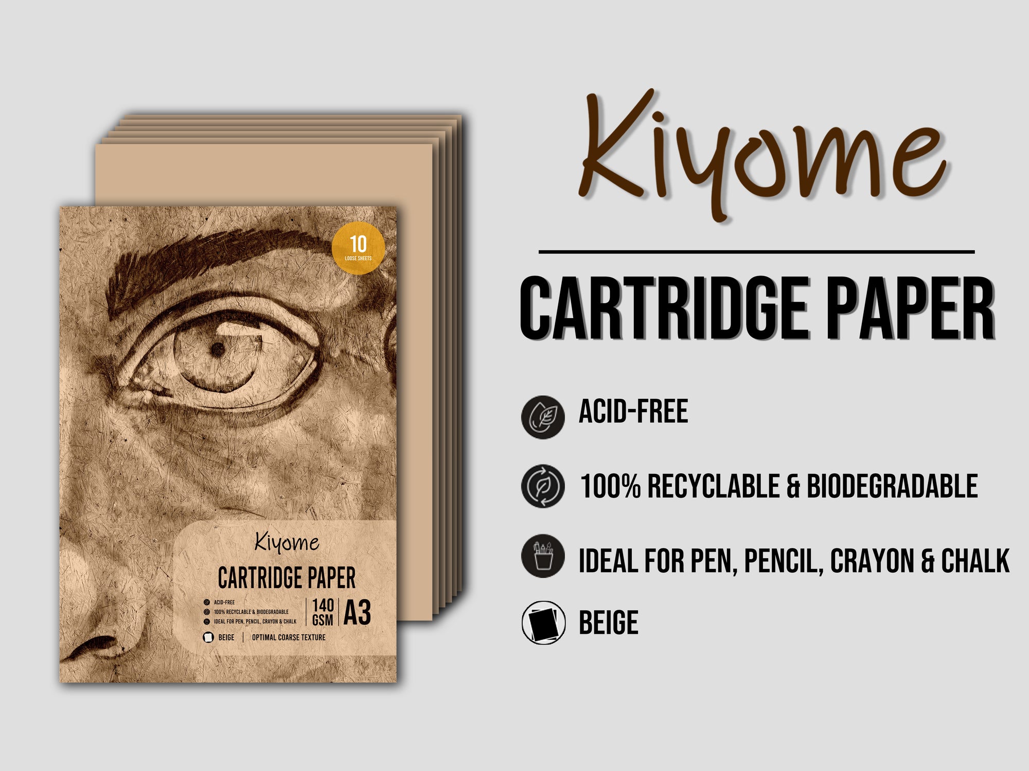 Kiyome Beige Cartridge Paper | 140 GSM | A3 | 10 Sheets