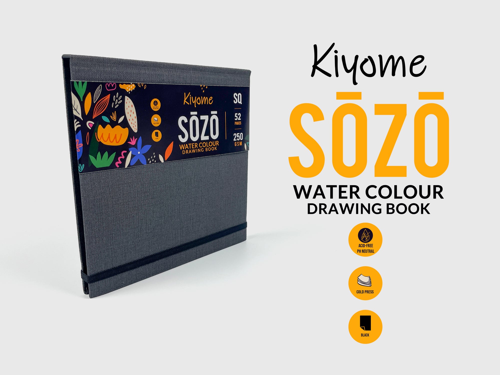Kiyome SOZO Black Toned Sketchbook | Canvas Textured Cover | 250 GSM | Square | 52 Sheets