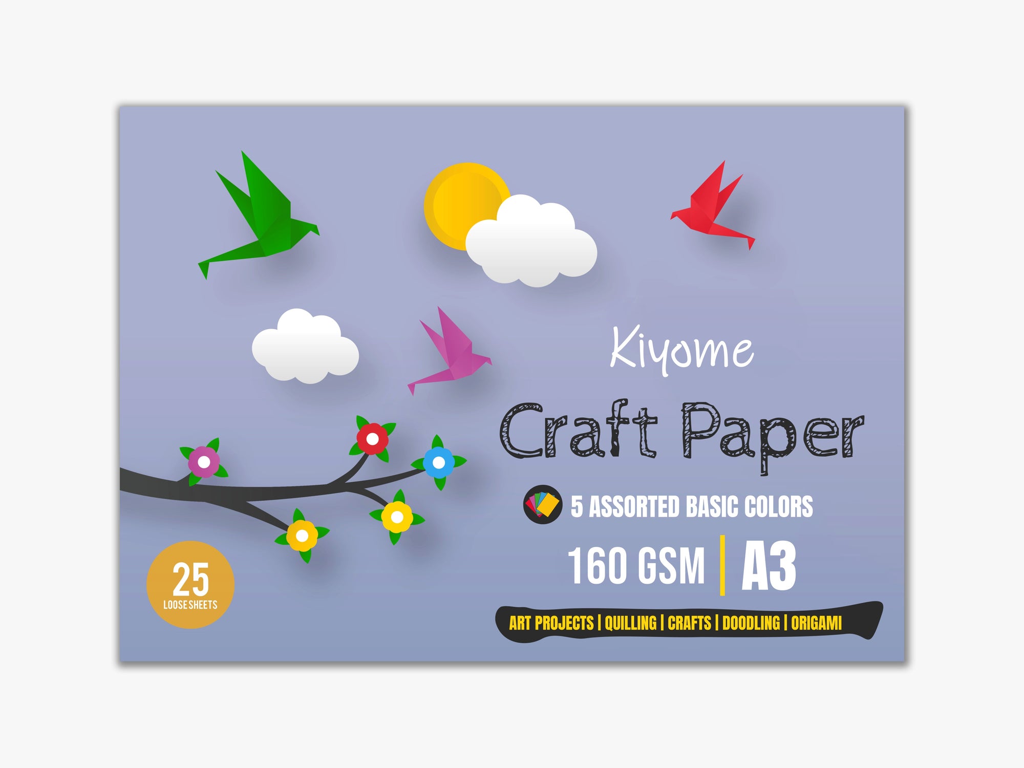 Kiyome Craft Paper | 160 GSM | A3 | 5 Assorted  Colours | 25 Sheets