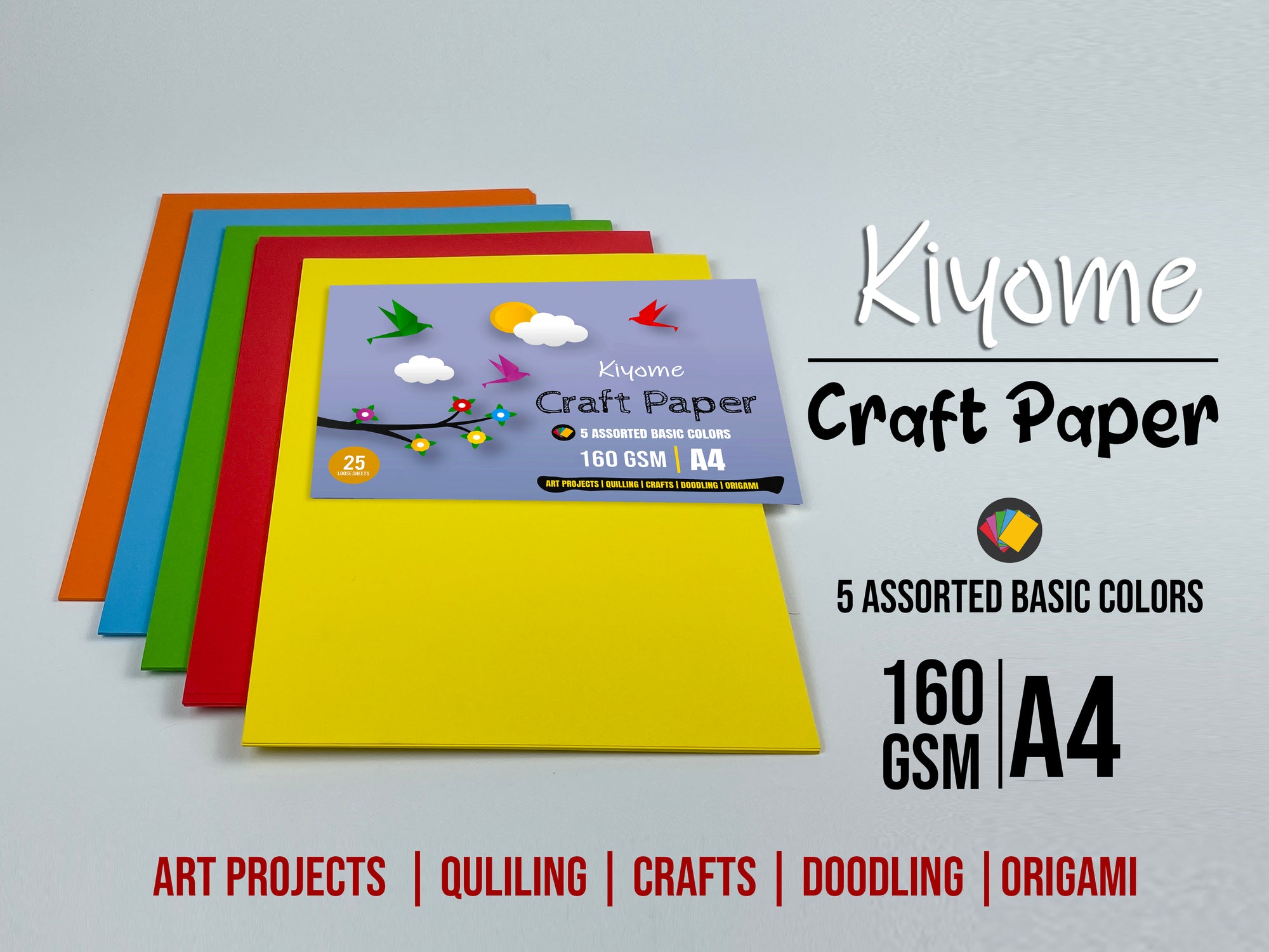 Kiyome Craft Paper | 160 GSM | A4 | 5 Assorted Colours | 25 Sheets