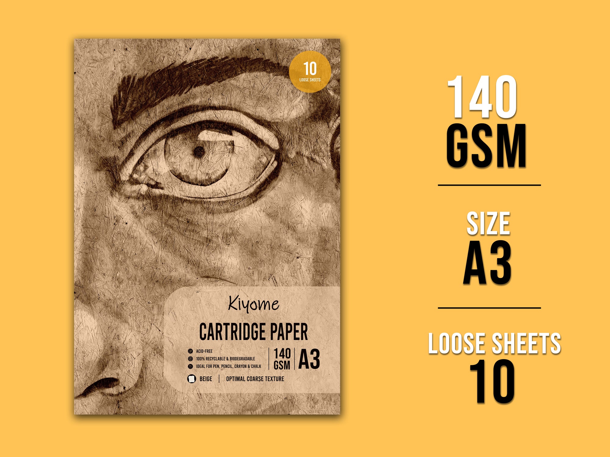 Kiyome Beige Cartridge Paper | 140 GSM | A3 | 10 Sheets