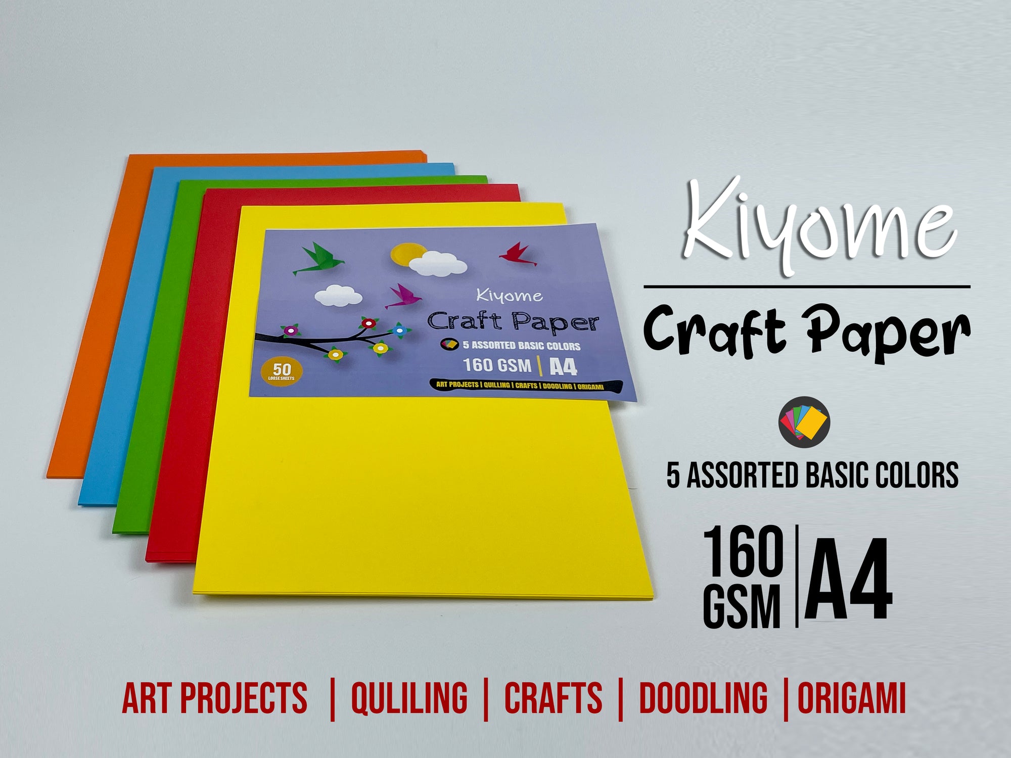Kiyome Craft Paper | 160 GSM | A4 | 5 Assorted Colours | 50 Sheets