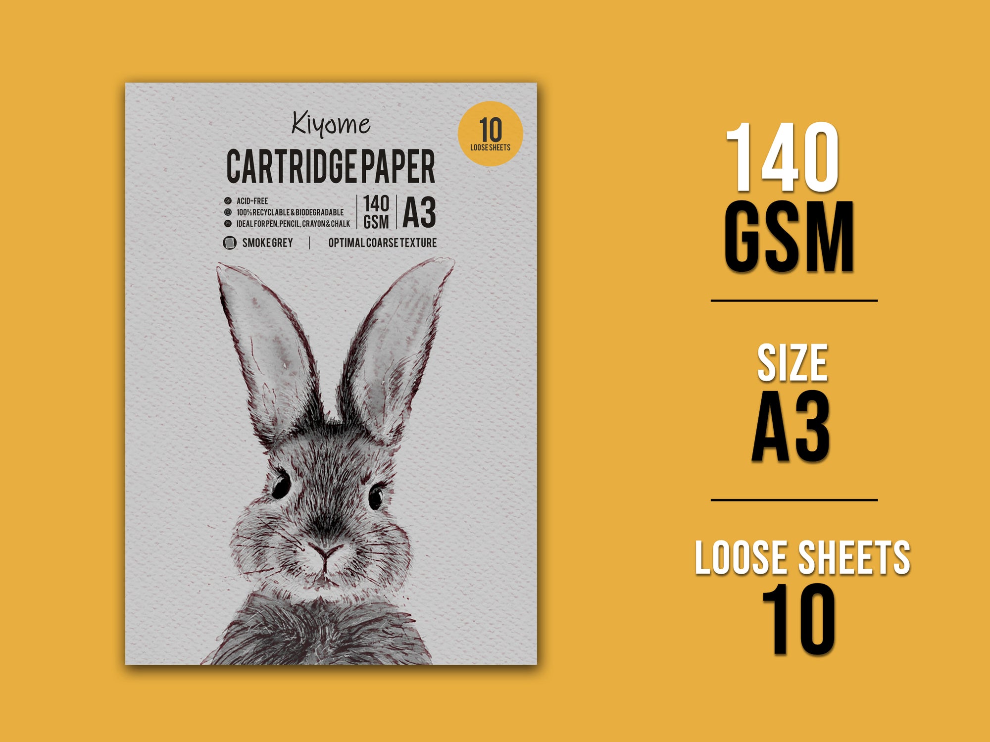 Kiyome Smoke Grey Cartridge Paper | 140 GSM | A3 | 10 Sheets