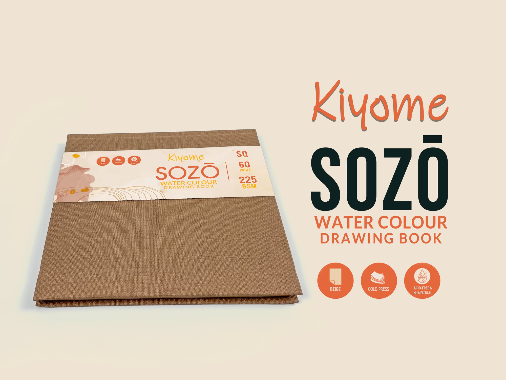 Kiyome SOZO Beige Toned Sketchbook | Canvas Textured Cover | 225 GSM | Square | 60 Pages