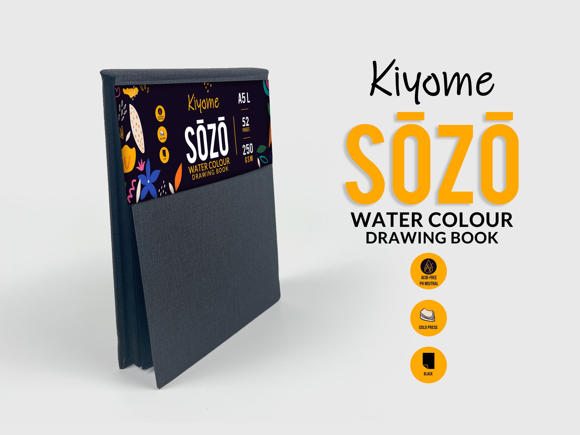Kiyome SOZO Black Toned Sketchbook | Canvas Textured Cover | 250 GSM | A5 | 54 Pages | 54 Sheets