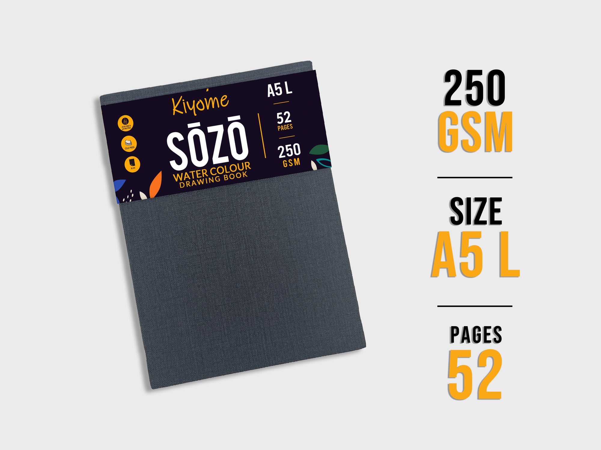Kiyome SOZO Black Toned Sketchbook | Canvas Textured Cover | 250 GSM | A5 | 54 Pages | 54 Sheets