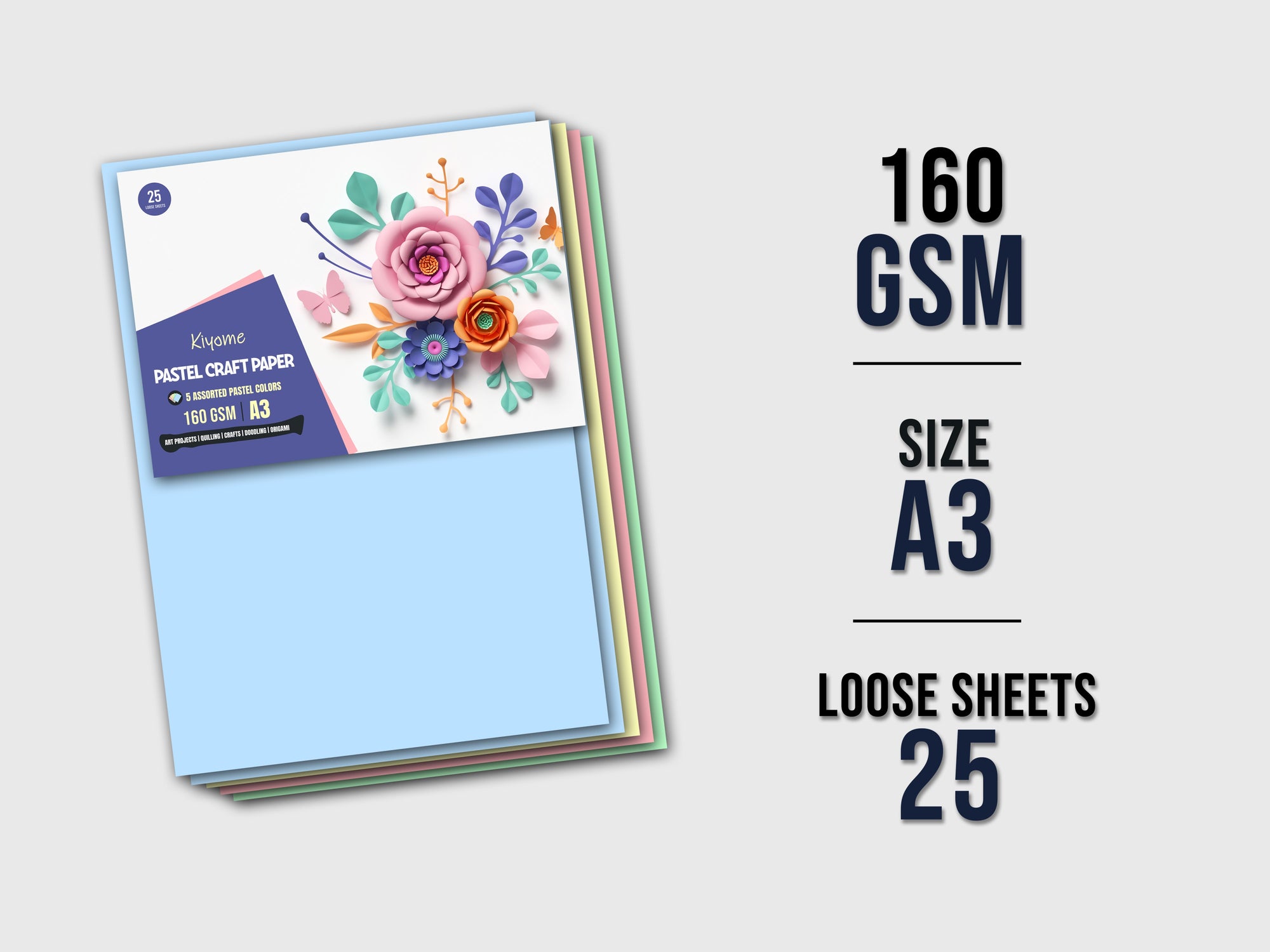Kiyome Craft Paper | 160 GSM | A3 | Pastel Colours | 25 Sheets