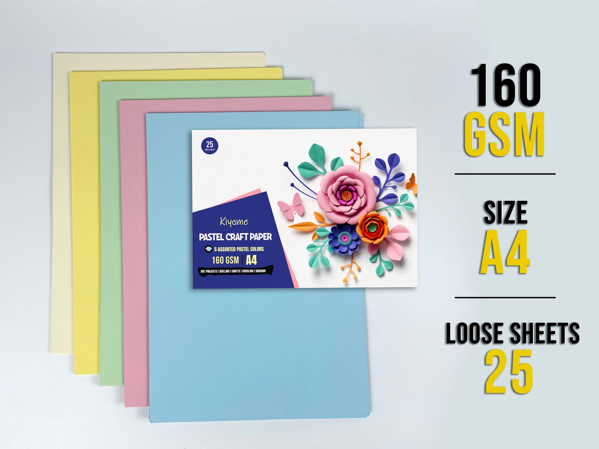 Kiyome Craft Paper | 160 GSM | A4 | Pastel Colours | 25 Sheets