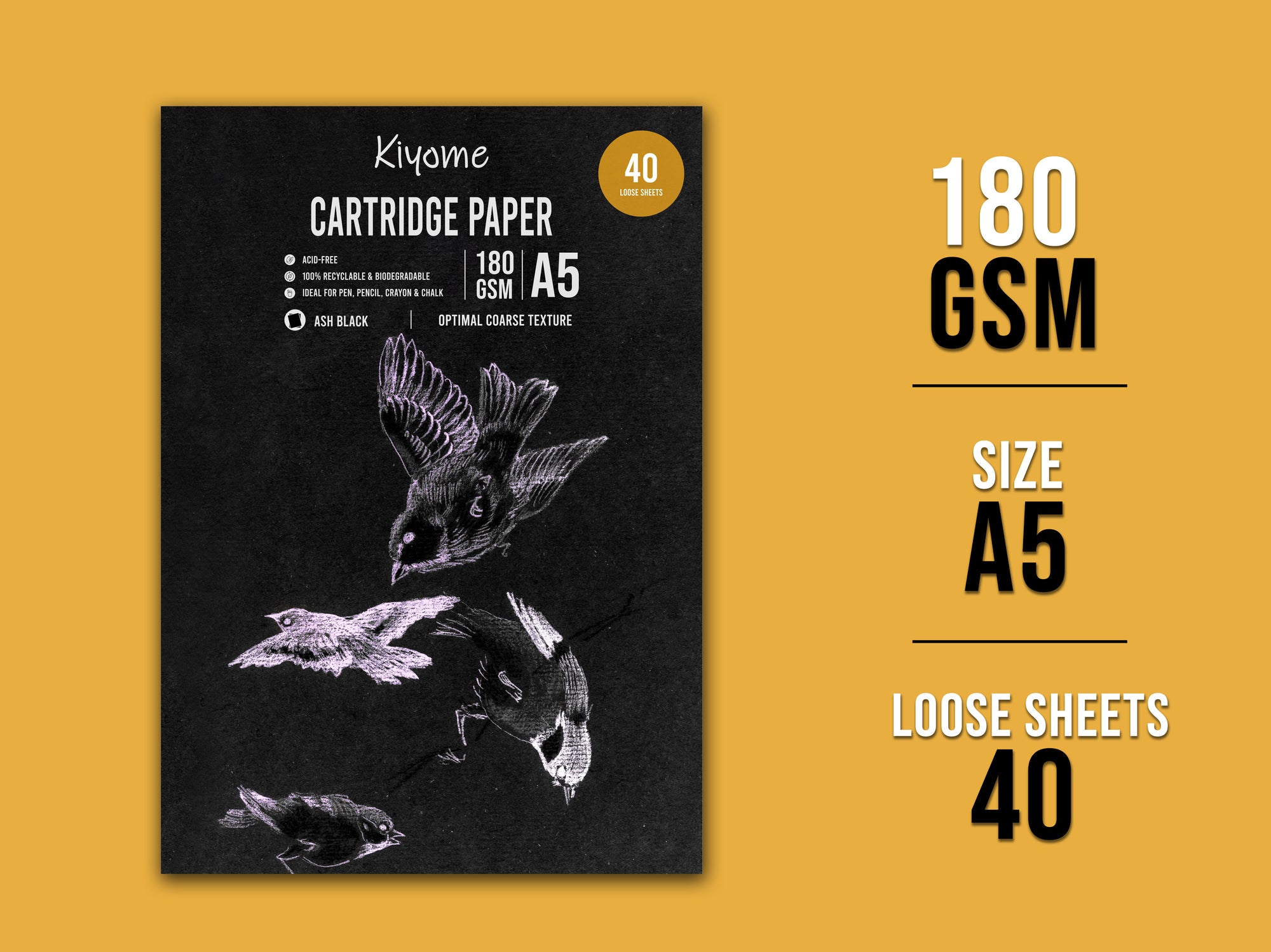 Kiyome Ash Black Cartridge Paper | 180 GSM | A5 | 40 Sheets