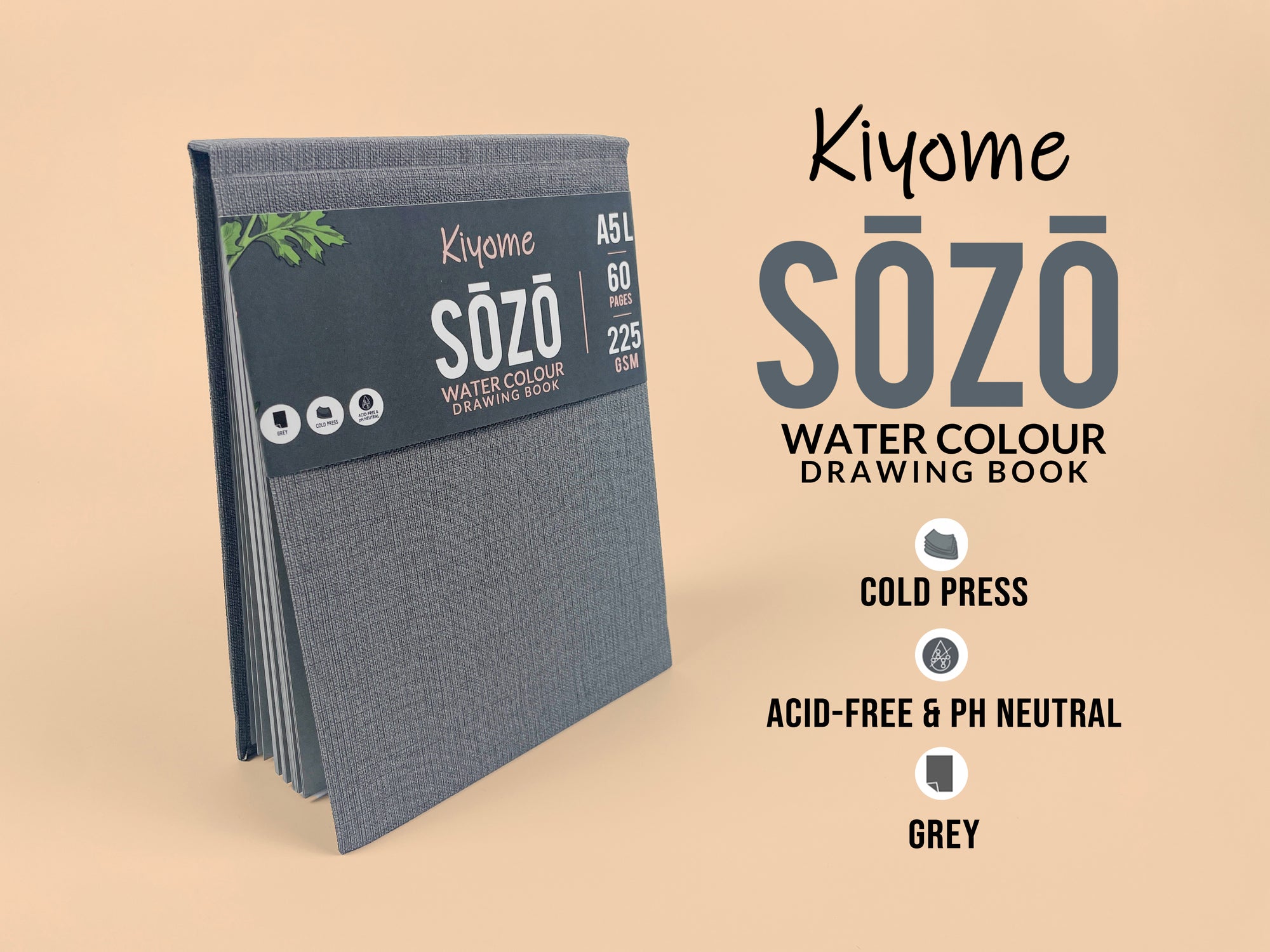 Kiyome SOZO Grey Toned Sketchbook | Canvas Textured Cover | 225 GSM | A5 | 60 Pages