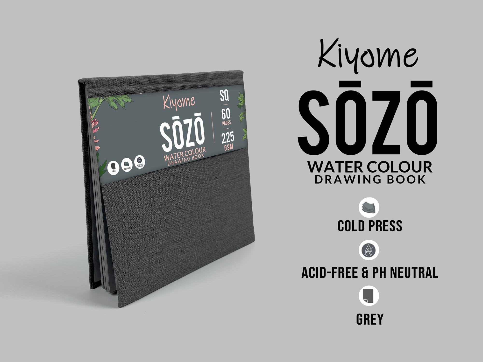 Kiyome SOZO Grey Toned Sketchbook | Canvas Textured Cover | 225 GSM | Square | 60 Pages