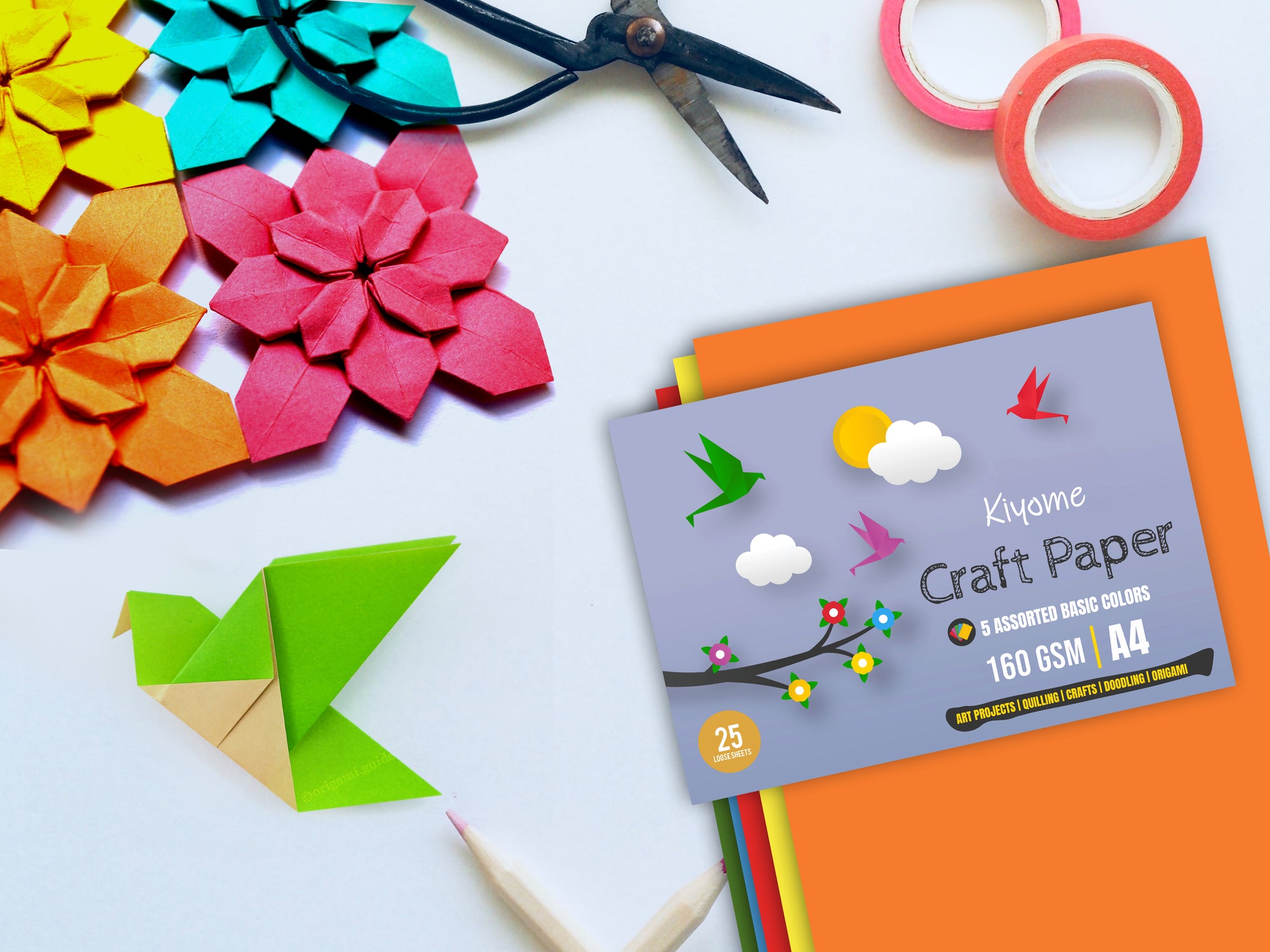 Kiyome Craft Paper | 160 GSM | A4 | 5 Assorted Colours | 25 Sheets