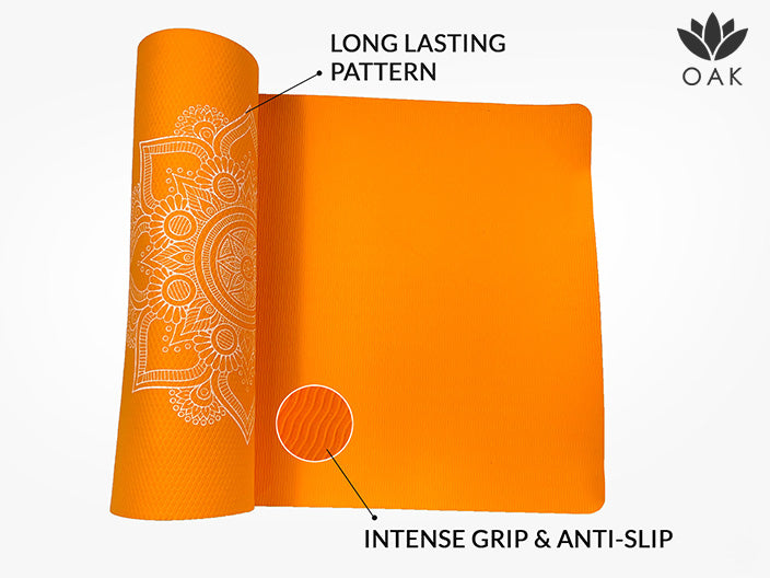 Oak Eco Friendly TPE Yoga Mat | Mandala | 72" x 24" | 6 mm | Non Slip | Orange