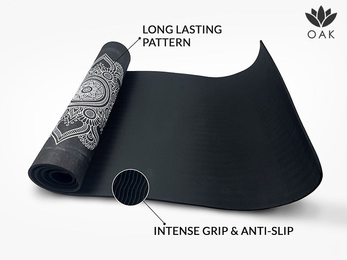 Oak Eco Friendly TPE Yoga Mat | Mandala Design | 72" x 24" | 6 mm | Non Slip | Octa Pattern | BLACK